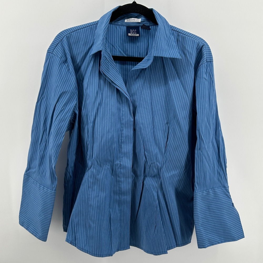 DCC Missy Blue Pinstripe Stretch Button Down Shirt XL Preppy Y2K Office‎ Minimal